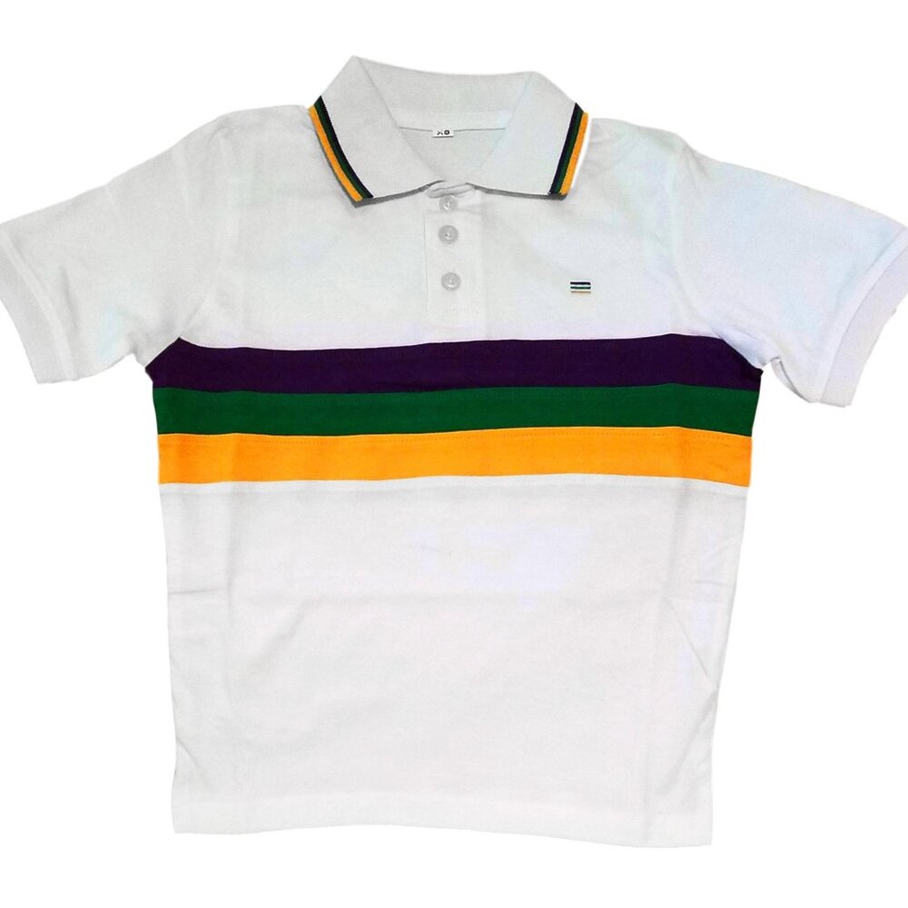 Child Mardi Gras Polo White Purple Green Yellow Short Sleeve Shirt XS, S, M L XL